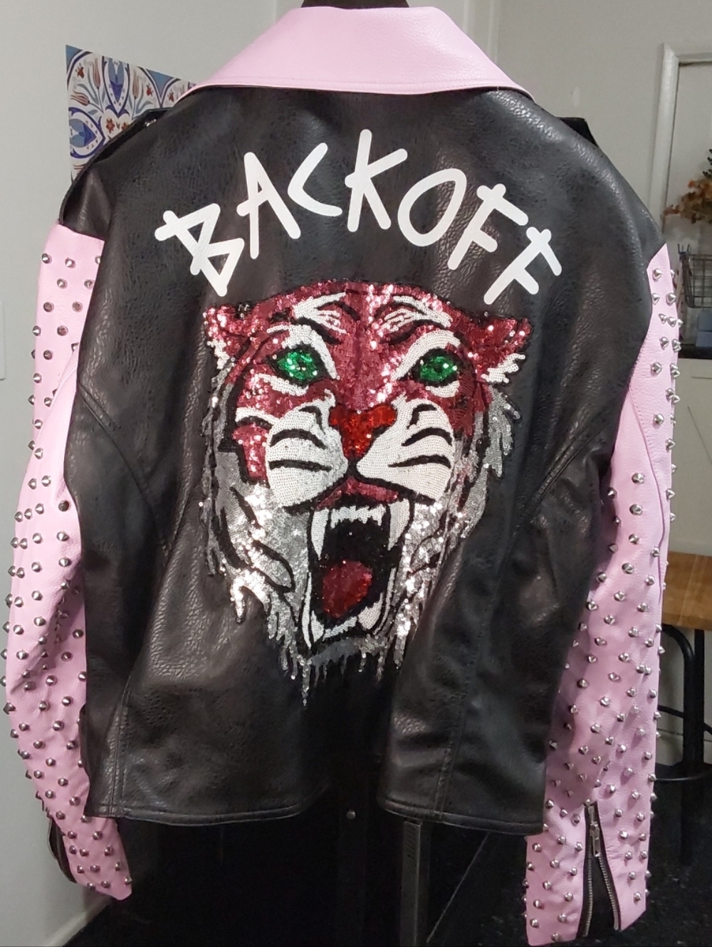 Azalea Wang Pretty Mess Cheetah Print Sequin Tiger Spikes Moto Jacket 2X NWOT